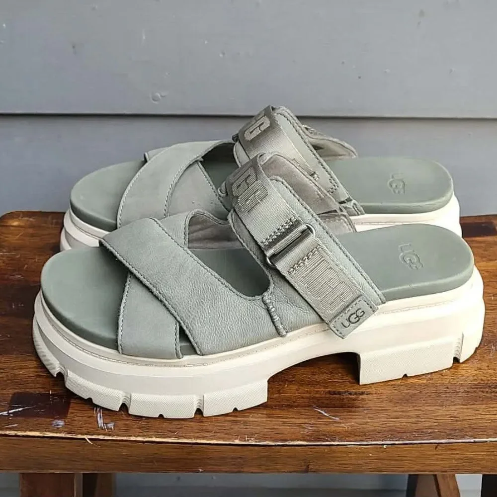 UGG Ashton Slide Gray Green Leather Logo Platform Sandals size 10